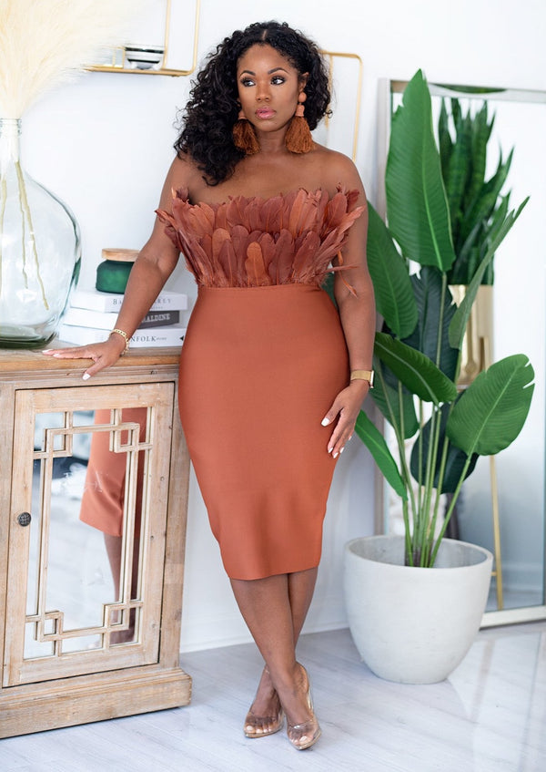 Olyvia | Feather Bandage Dress {Bronzed Brown} PREORDER
