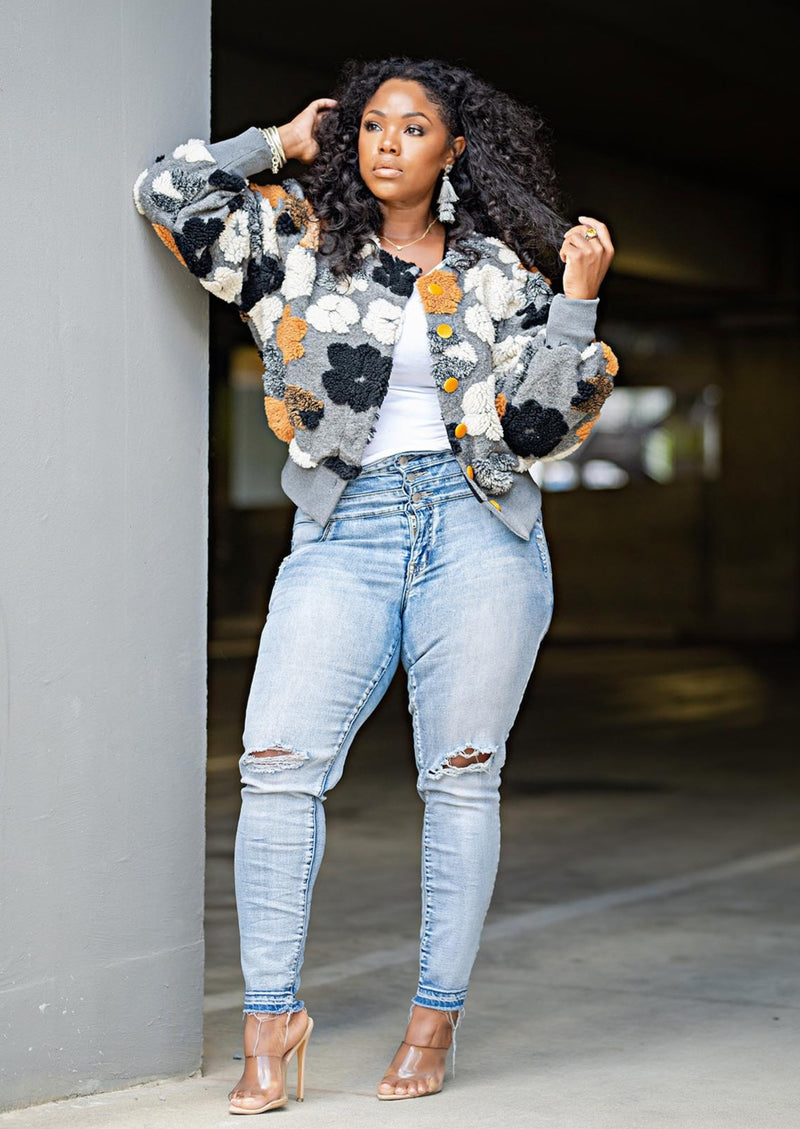 Sultry Bloom | Floral Bomber Jacket {Gray and Mustard} PREORDER