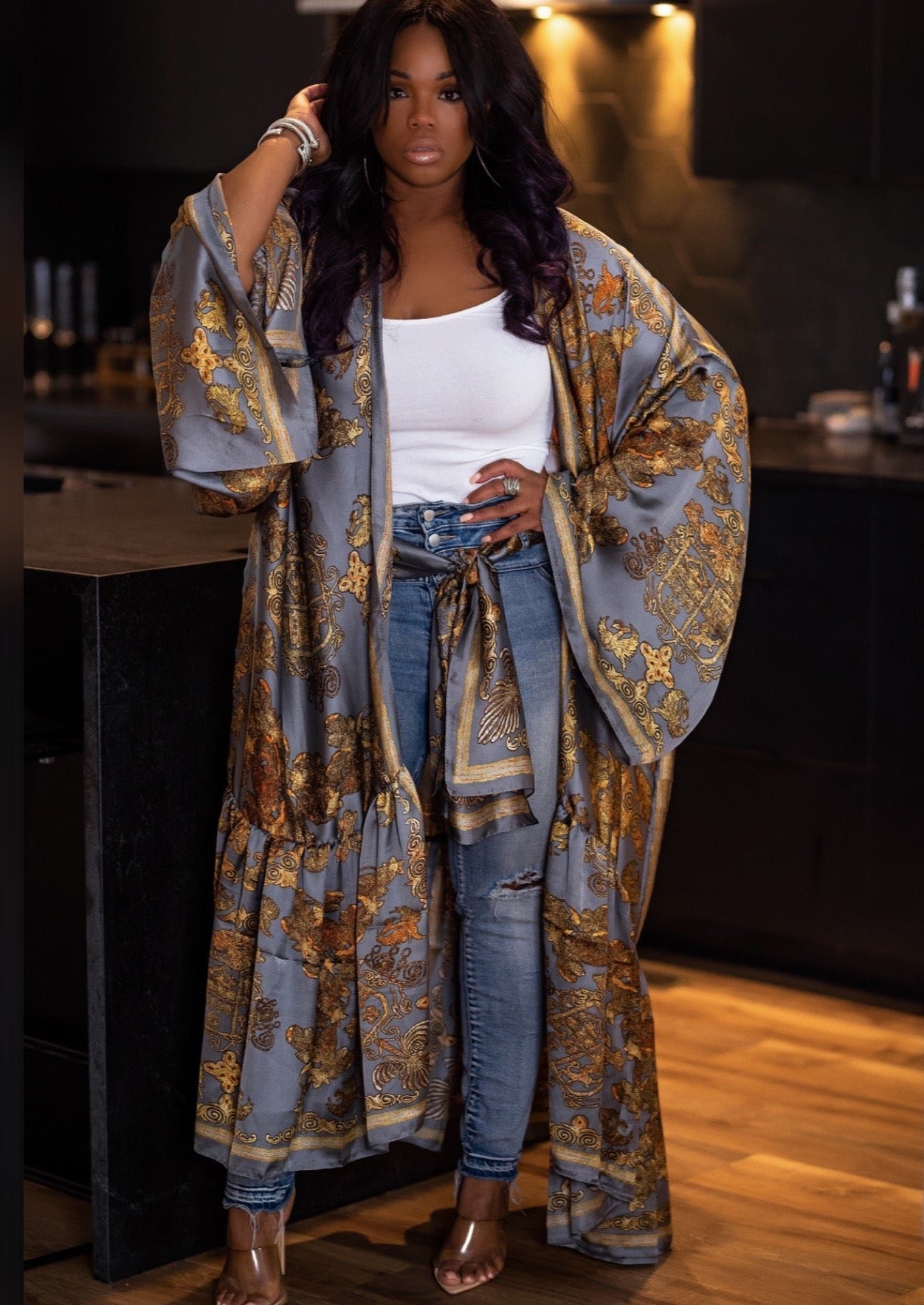 GRAY AND GOLD RUFFLE KIMONO 